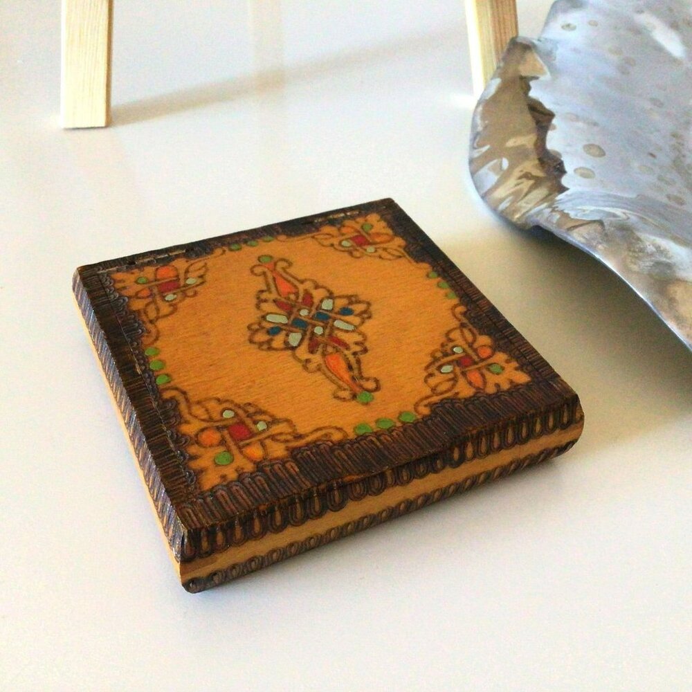 Vintage Pyrography Wood Trinket Box, Bulgarian Handpainted Jewelry Box